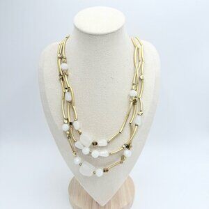 Chico’s Layered Matte Gold-Tone Necklace with Milky Quartz & Wavy Tube Chain